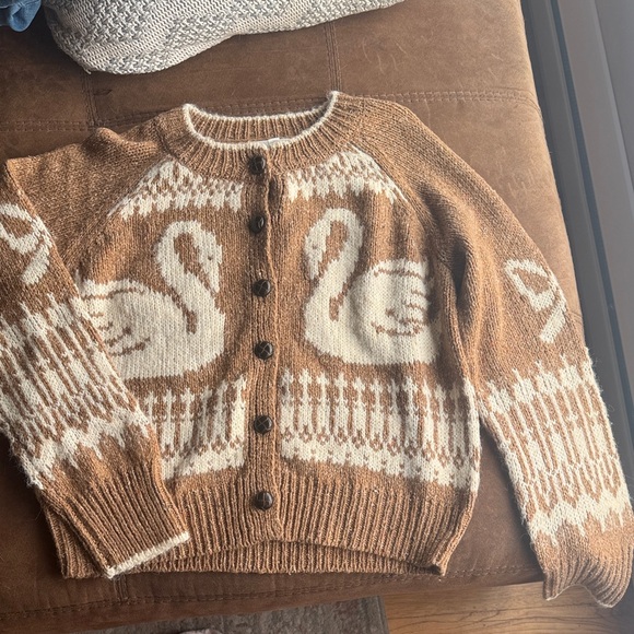 Blu Pepper Sweaters - Blu Pepper Brown and Cream Swan Pattern Cardigan Sweater